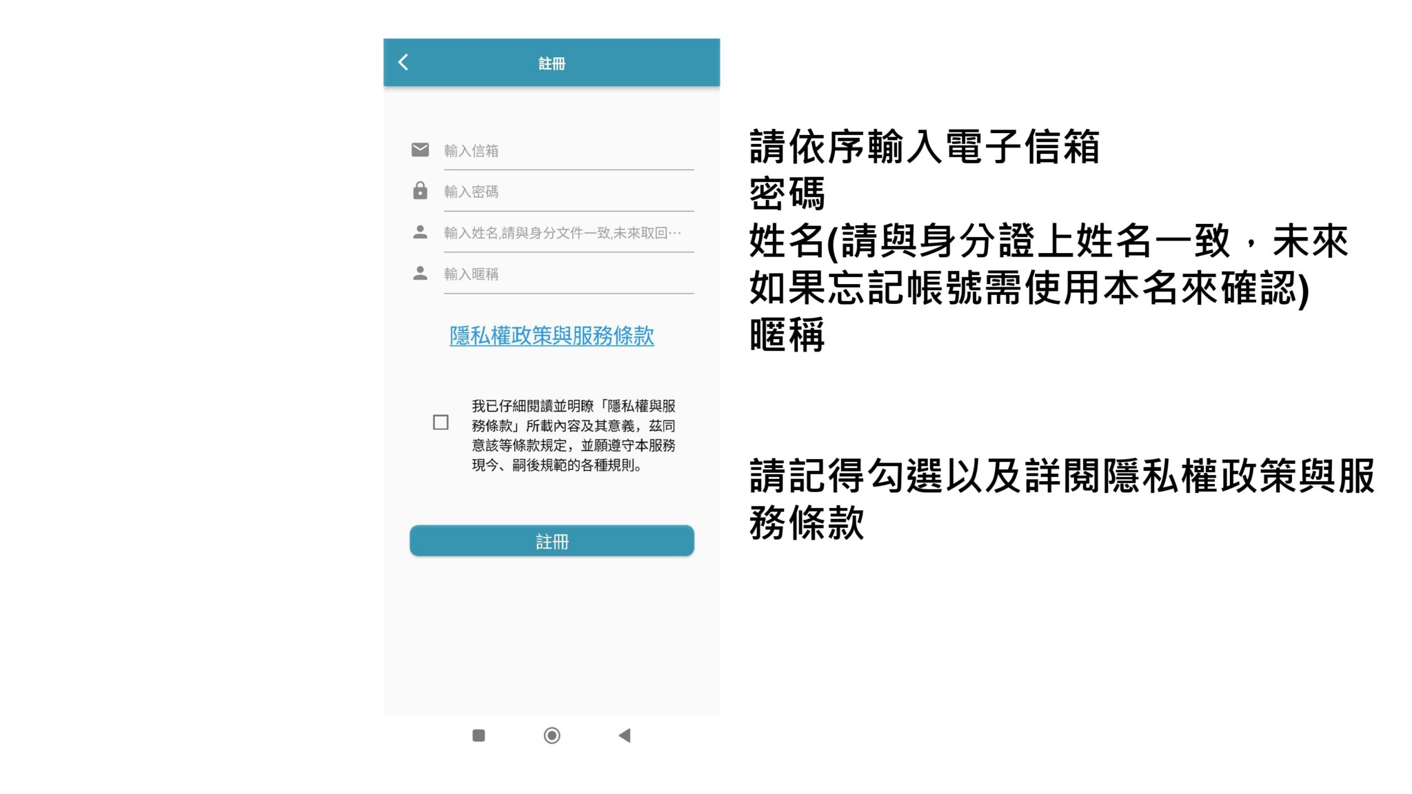 Case666 註冊畫面，依序輸入電子信箱、密碼、姓名（須與身分證一致）與暱稱，並記得勾選及詳閱隱私權政策與服務條款。