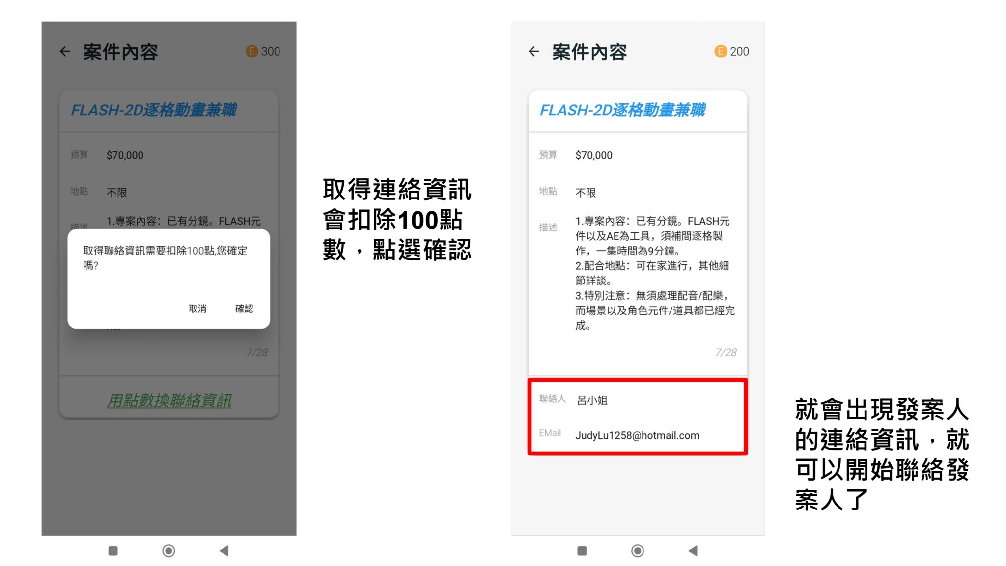 取得聯絡資訊會扣除 100 點數，點選確認後案件下方即出現發案人的聯絡人姓名與 EMail，就可以開始聯絡發案人。